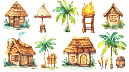 Fototapeta premium Tropical island-style wooden houses set, including bamboo houses, palm-leaf roofs, and mini tiki torches