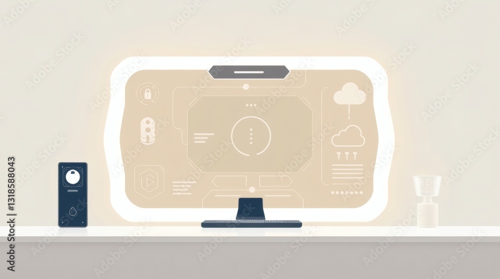 Poster smart home technology with a modern aesthetic showcasing data analysis and monitoring and connected devices on the table. a minimalistic representation of modern life.