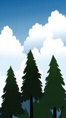 Obraz premium Coniferous forest landscape with pine trees silhouettes over a blue cloudy sky background