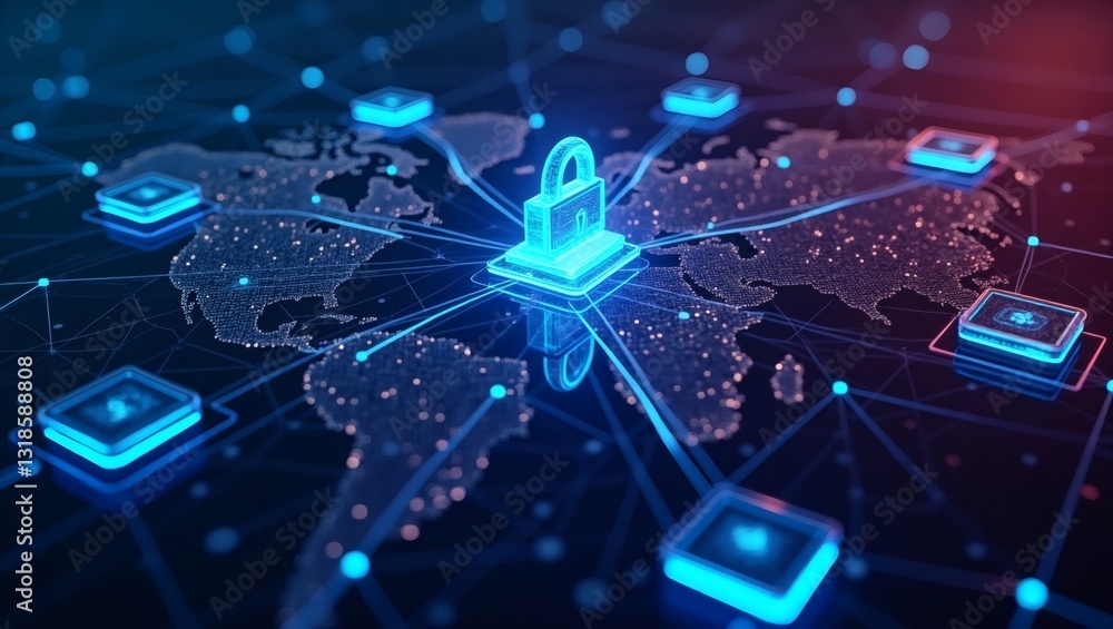 Poster global network protection and security. the padlock signifies security