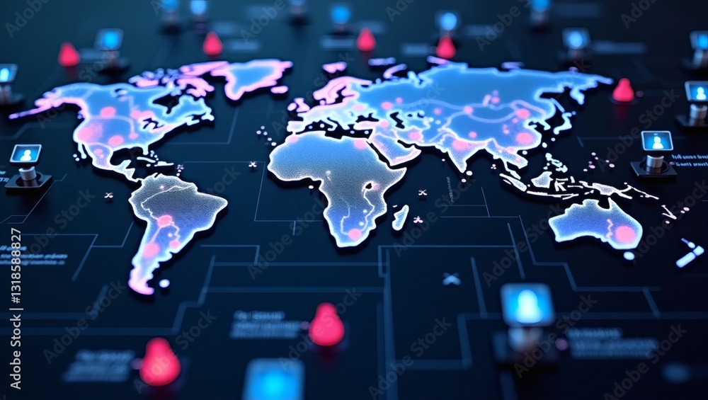 Aufkleber global digital map showing interconnected technology nodes and data streams