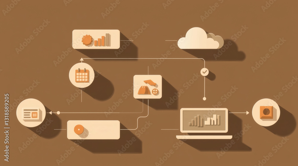 Poster a data processing system illustrated with various icons, depicting cloud storage, server connection,