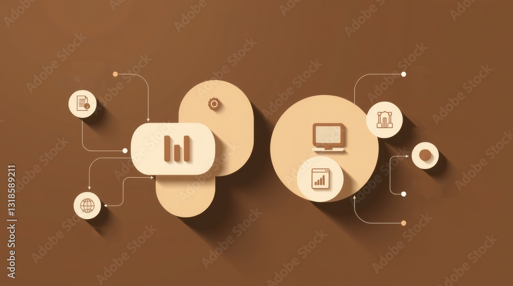 Poster a modern abstract graphic showing data analysis and business development. The graphic features interconnected circles and icons that represent different aspects of business