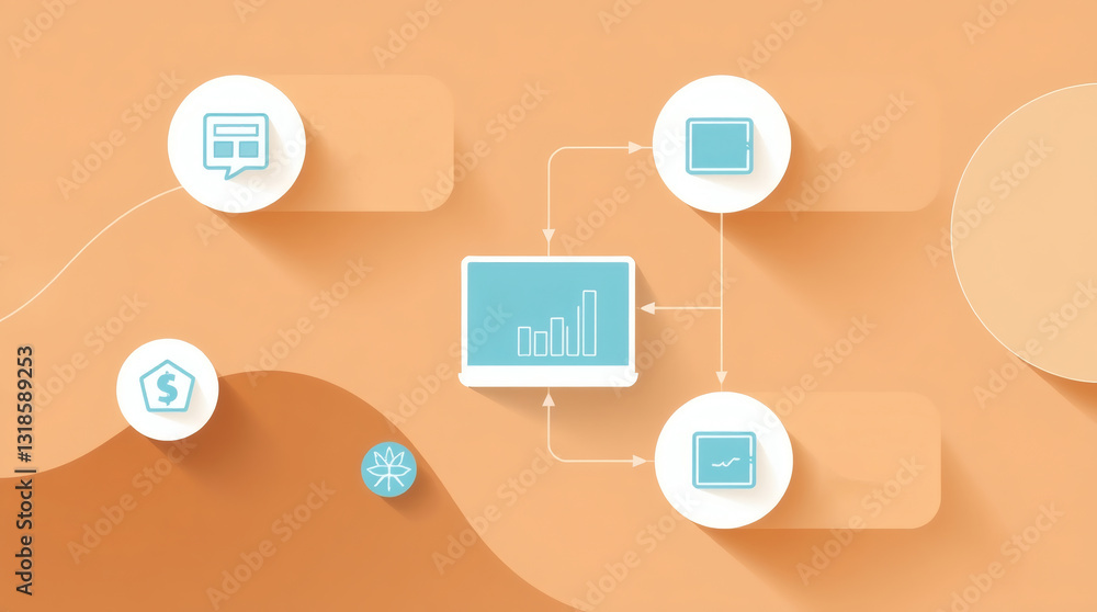 Poster a flat lay of digital financial data represented on a laptop computer surrounded by related icons