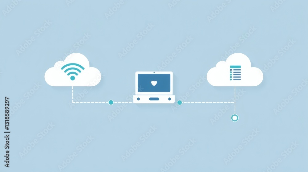 Aufkleber cloud computing concept with a laptop connecting to two clouds, one with a wifi symbol and the other with a data storage symbol