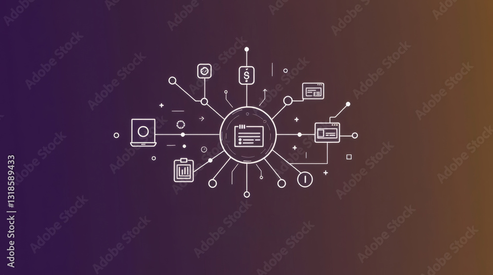 Poster a network of interconnected digital icons against an abstract background, representing data transfer and connectivity. The image suggests technology and communication