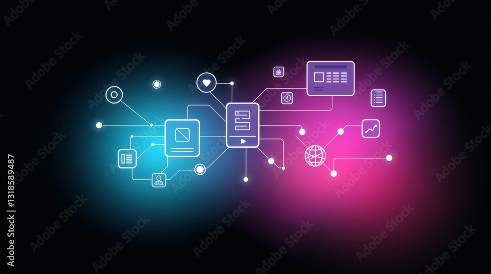 Poster abstract representation of a circuit board, with data and network connection. The vibrant design features interconnected elements and glowing details