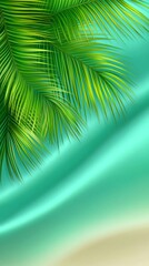 Fototapeta premium Vibrant palm leaves create a tropical atmosphere against a turquoise backdrop, hinting at a sandy beach below