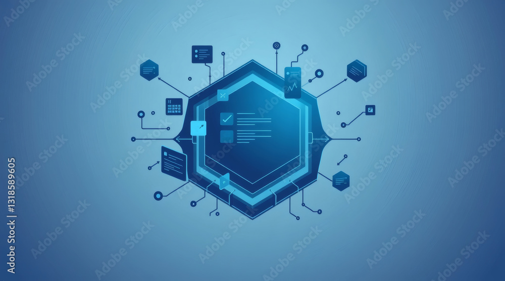 Poster a futuristic digital hexagon with data and technological elements and a blue background. This image would be ideal for illustrating tech innovation or data