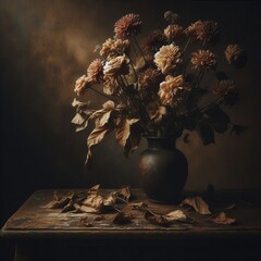 A somber still life of withered roses in a ceramic vase set against a dark moody background with scattered petals on a rustic wooden table