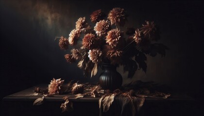 A classical painting style photograph of faded roses in a vintage vase casting deep shadows on an aged wooden surface