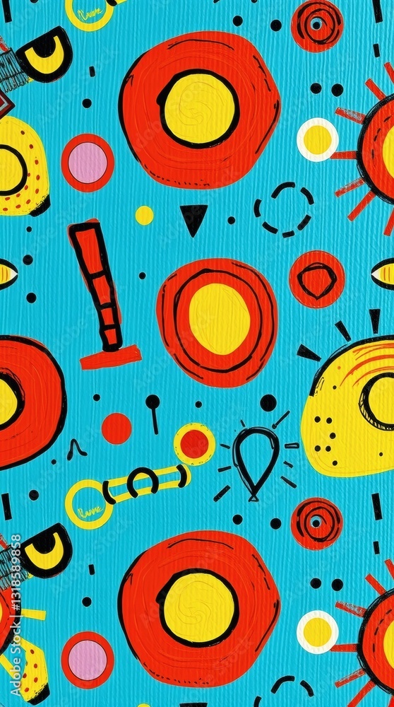 Poster Abstract colorful pattern with circles and whimsical shapes on a blue background