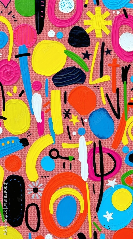 Poster a vibrant and abstract pattern composed of various colorful shapes and elements