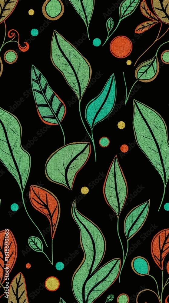 Poster a seamless botanical pattern with colorful leaves and berries on black background, perfect for wallp