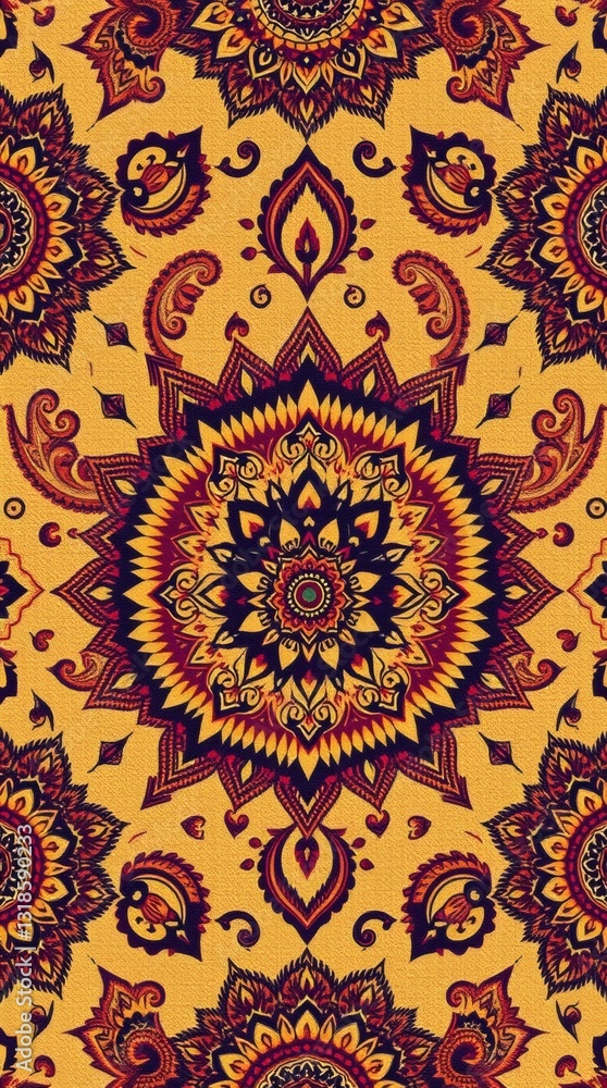 Poster a vibrant and intricate mandala design, showcasing a rich pattern in warm, inviting colors and symme