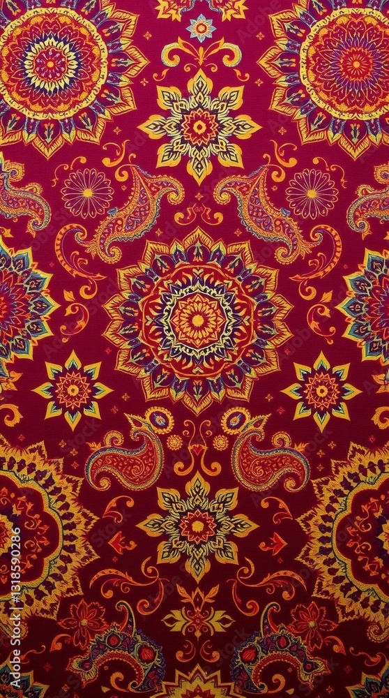 Poster a vibrant and intricate pattern of mandala and paisley motifs. the design showcases a rich color pal