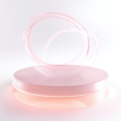 Floating translucent podium with soft glow for product display in minimalist space