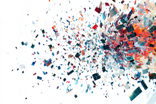 Digital world collapsing into chaotic pixels and data fragments