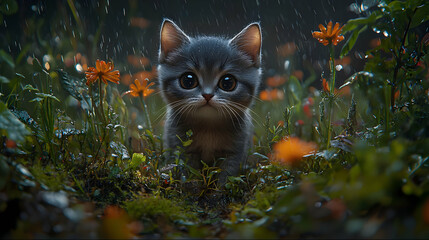 Adorable Gray Kitten in Rain Amidst Orange Flowers