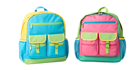 Fototapeta premium Colorful Backpack with Multiple Pockets on White, Bright School Backpack, Multi-pocket Travel Bag, Cut Out