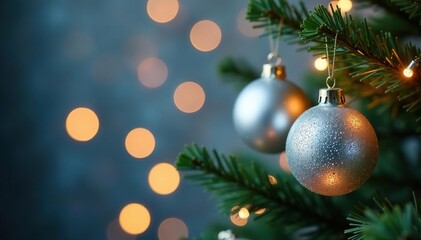 Fototapeta premium Glittering silver ornaments on a Christmas tree branch, shine, decoration, silver