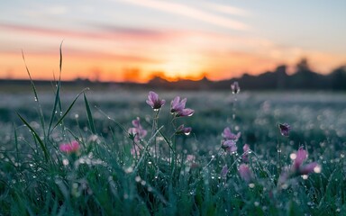 Naklejka premium Spring Equinox,Sunrise Garden, Dewy wildflowers at sunrise