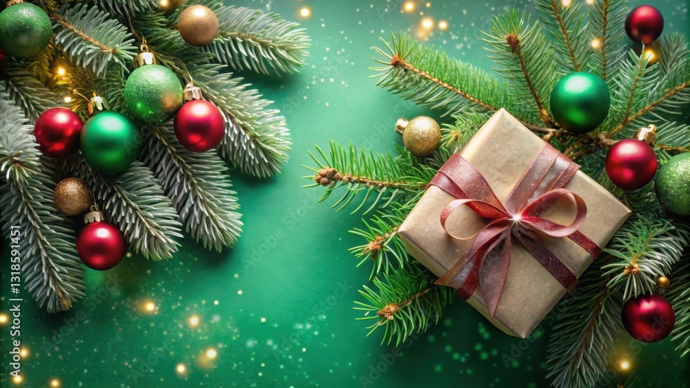 Poster a beautifully wrapped gift with a red bow rests amongst the branches of a christmas tree adorned wit