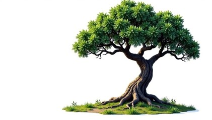 Isolated tree with gnarled trunk and twisted branches, roots, natural