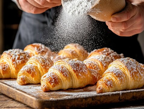 Flaky croissants dusted with powdered sugar, freshly baked and beautifully arranged on a wooden board, showcasing a delightful pastry treat.