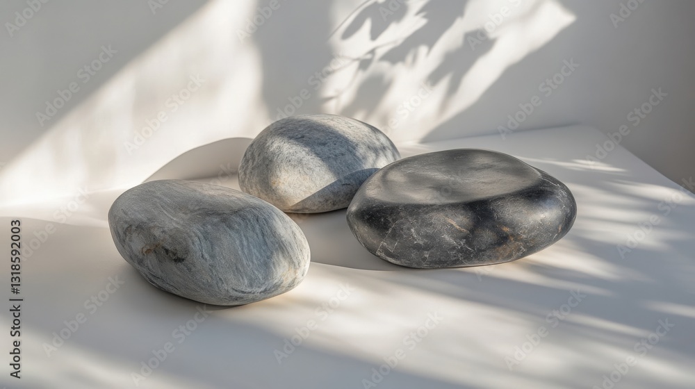 Aufkleber three smooth stones with varying textures and colors placed on a light surface, illuminated softly