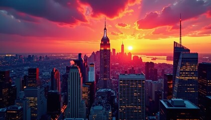 Fototapeta premium Fiery sunset hues paint Midtown Manhattan skyline, downtown, texture