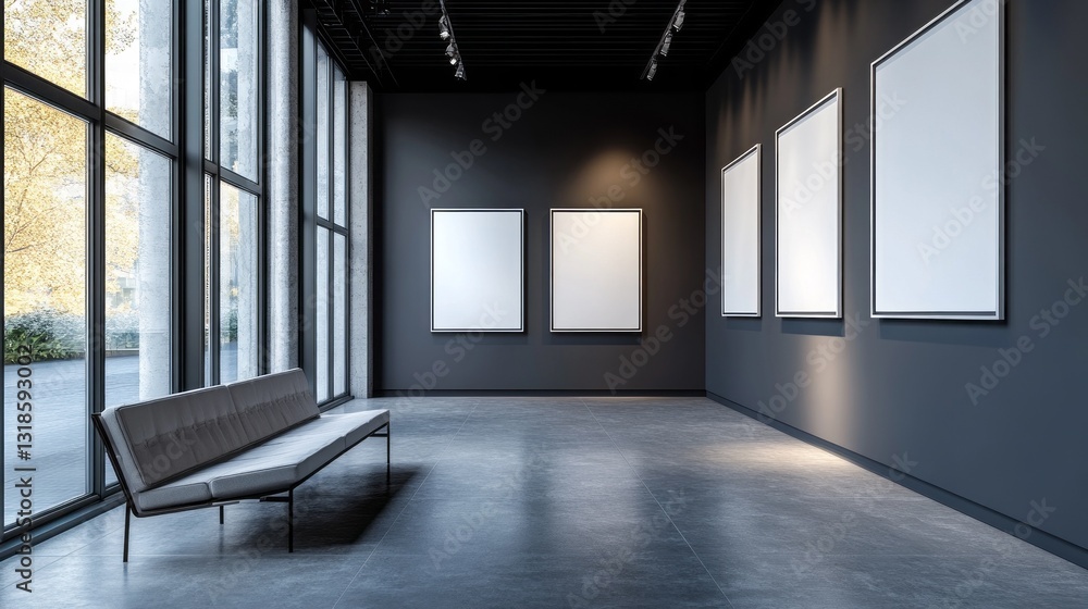 Poster soft natural light floods a modern art gallery where blank frames line the walls, inviting imaginati