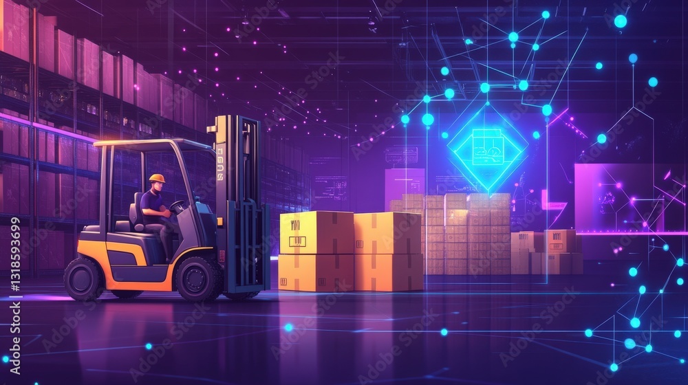 Poster warehouse scene with a forklift operator moving boxes amidst a high-tech digital environment