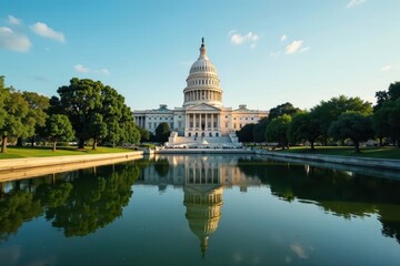 Texas Capitol dome reflected in Congress Bridge water, color, Capitol, view