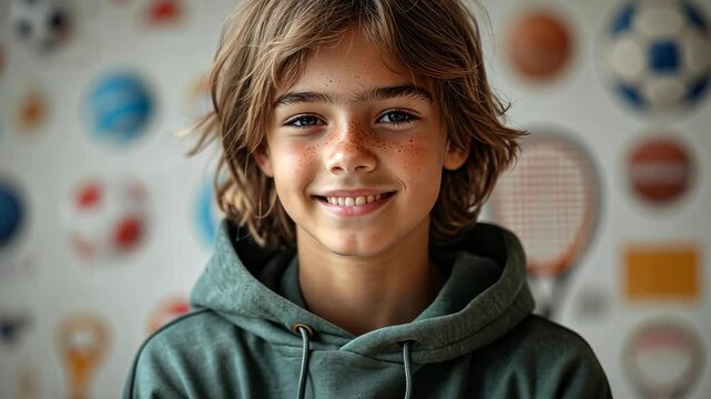 Portrait of a Smiling Boy with Sports Background