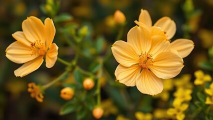 Fototapeta premium Delicate apricot flowers with delicate petals and golden centers, yellow, foliage