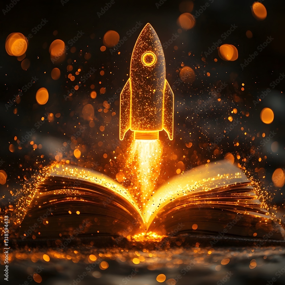 Poster glowing rocket icon emerging from open book symbolizing knowledge fueling innovation and
