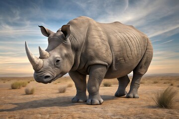 Fototapeta premium Majestic Rhinoceros Standing Tall in a Dry, Open Landscape