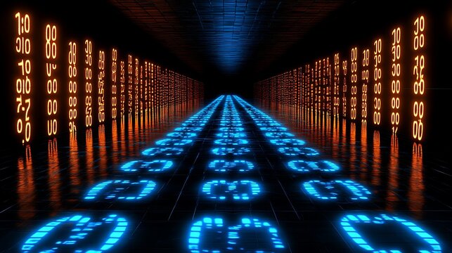 A seamless data visualization with dynamic floating numbers and glowing analytics.