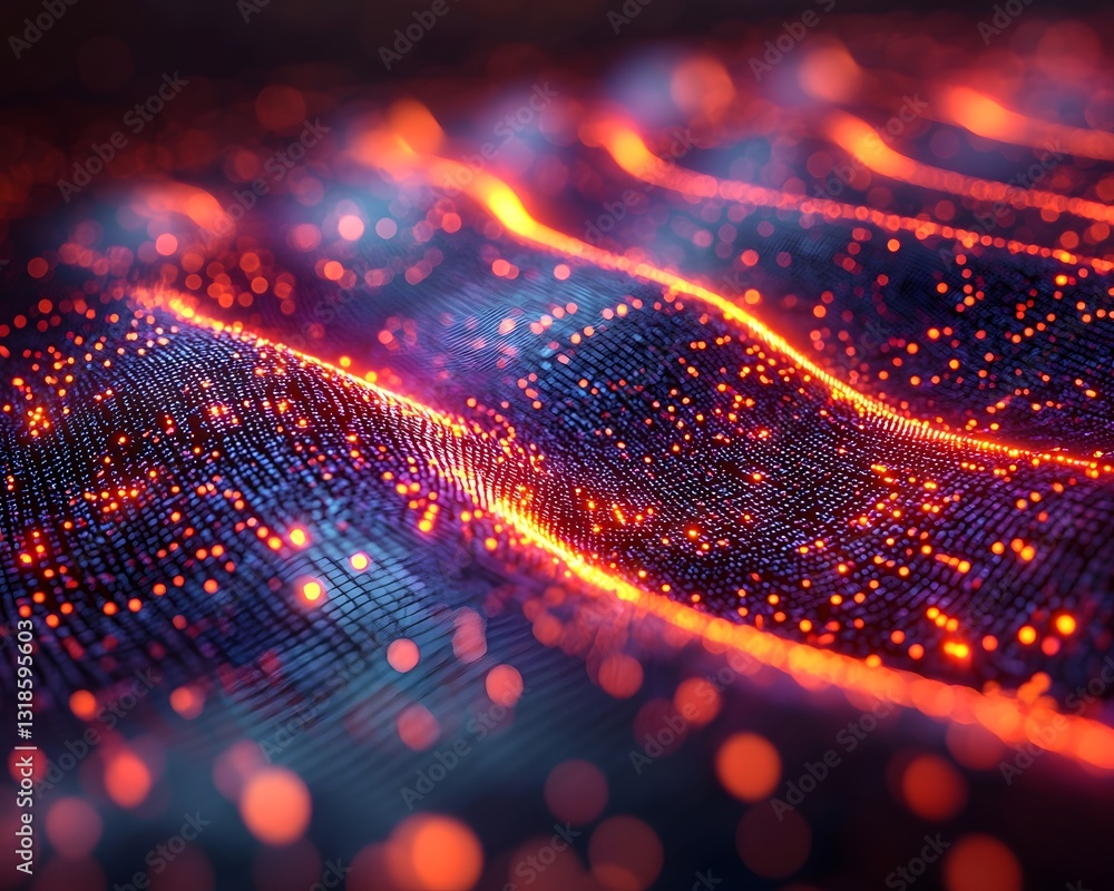 Poster glowing binary code flowing through a futuristic digital grid chip symbolizing technology concept