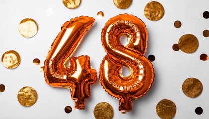 Orange balloon number 48 for forty-eighth birthday or anniversary party. White background with confetti