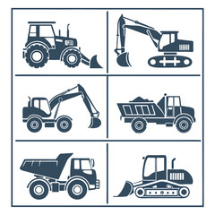 Silhouettes of Construction Vehicles – Excavators, Bulldozers, Dump Trucks, Cranes, and More in Grid Layout