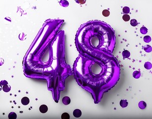 Purple balloon number 48 for forty-eighth birthday or anniversary party. White background with confetti