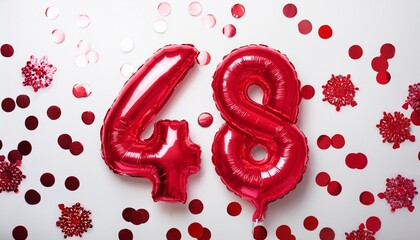 Red balloon number 48 for forty-eighth birthday or anniversary party. White background with confetti