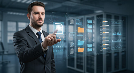 Businessman Interacting with Holographic Data Interface in Modern Office