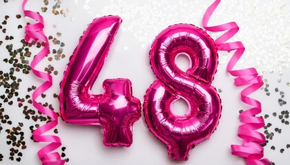 Pink balloon number 48 for forty-eighth birthday or anniversary party. White background with confetti