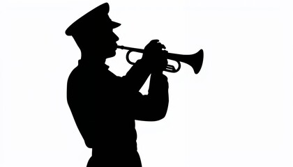 Silhouette of soldier playing trumpet against white background