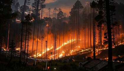 Fototapeta premium Huge tongues of flame engulf the dense forest thicket, illuminating the night sky, the raging fire destroys green vegetation. AI generated. 