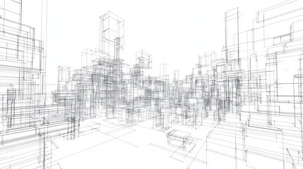 Naklejka premium Abstract Architectural Wireframe Cityscape: A 3D rendering of a futuristic city design showing the structural framework of buildings and infrastructure.