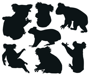 Black silhouette set of cute grey koala bear in different poses eating sleeping leaves cartoon animal design flat vector illustration isolated on white background. Australian animal silhouette design © Mr. Beekeeper